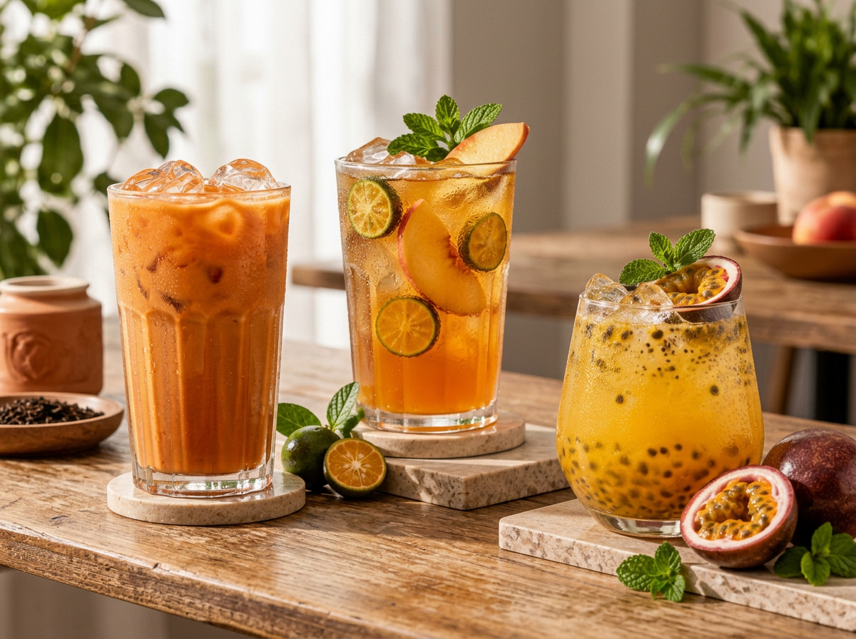 Thai red tea, peach kumquat tea and passion fruit chia drink